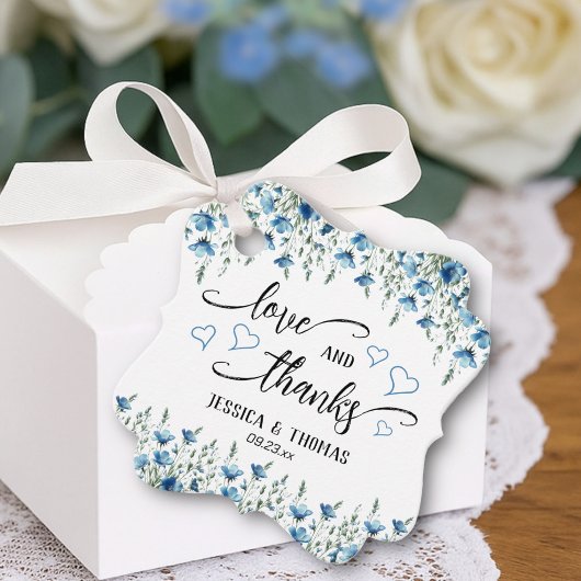 Liebe & Dank Rustic Blue Boho Wildblumen Hochzeit Geschenkanhänger