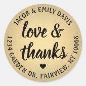 Liebe & Dank Schwarz/Gold Rücksendeadresse Runder Aufkleber (Vorderseite)