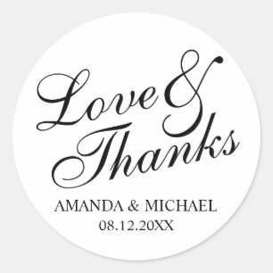 'Liebe & Dank' Schwarz-Weiß-Gastgeschenk Hochzeit Runder Aufkleber