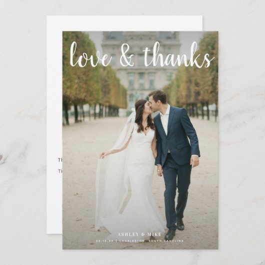 Liebe & Dank Script 2 Foto QR Code Hochzeit Dankeskarte (Vorne/Hinten)