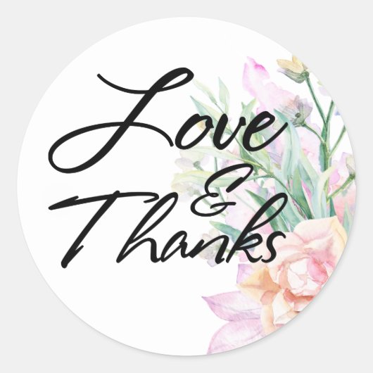 Liebe & Dank Typografie, Boho Wasserfarbe Blume Runder Aufkleber (Vorderseite)