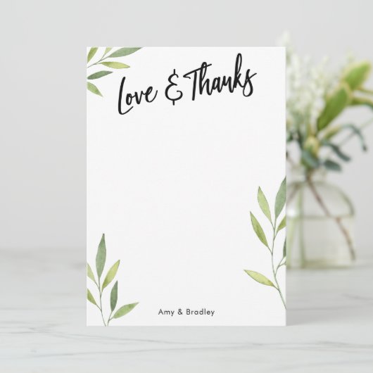 Liebe & Dank Typografie, grünes Aquarellblatt Dankeskarte (Stehend Vorderseite)