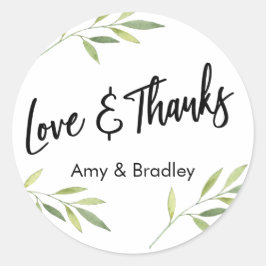 Liebe & Dank Typografie, Grünes Aquarellblatt Runder Aufkleber