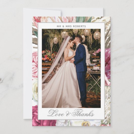 Liebe & Dank Watercolor Boho Blumenhochzeit Dankeskarte (Vorderseite)