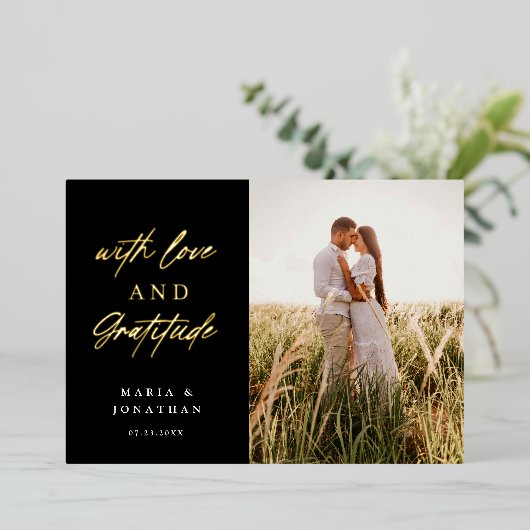 Liebe & Dankbarkeit Hochzeit Foto Vielen Dank Folieneinladung (Stehend vorne)