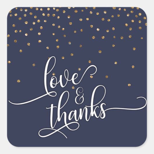 Liebe & Dankeschön-Script, Gold Confetti Midnight  Quadratischer Aufkleber (Vorderseite)