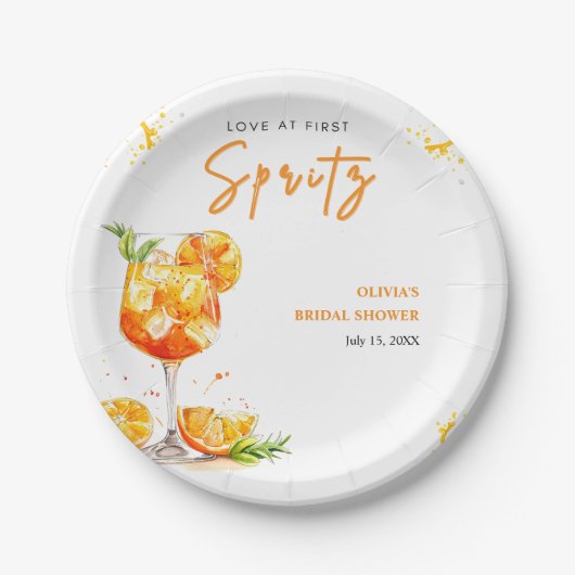 Liebe des ersten Spritz Cocktail Orange Brautparty Pappteller (Vorderseite)