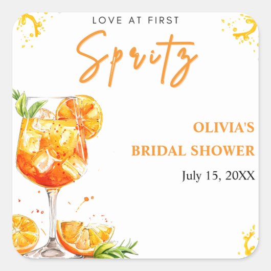 Liebe des ersten Spritz Cocktail Orange Brautparty Quadratischer Aufkleber (Vorderseite)