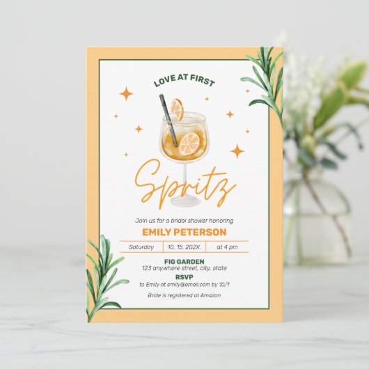 Liebe des ersten Spritz Cokctail Orange Brautparty Einladung (Stehend Vorderseite)