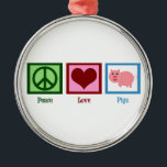 Liebe des Friedens Schweine Silbernes Ornament<br><div class="desc">Ein hübsches grünes Friedenszeichen,  ein rotes Herz und ein niedliches rosa Schwein. Ich Liebe Tiergeschenke und Schweine sind mein Liebling.</div>