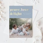 Liebe des Friedens und Foto des hellblauen Hanukka Folien Feiertagskarte<br><div class="desc">Frieden,  Liebe und Licht. | Senden Sie Ihre Hanukkah Grüße an Familie und Freunde mit dieser anpassbaren Hanukkah-Karte. Es zeichnet sich durch Retro-fett Typografie aus. Personalisieren Sie dieses Foto Hanukkah-Karte durch Hinzufügen Ihrer Daten. Diese Goldfolie Hanukkah Karte ist in anderen Farben und Cardstock erhältlich. Matching-Elemente sind ebenfalls verfügbar.</div>