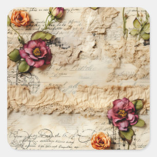 Liebe des Vintagen Dokuments mit Blume (8) Quadratischer Aufkleber