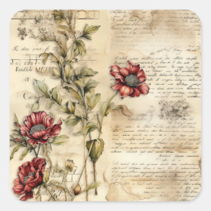 Liebe des Vintagen Pergaments mit Blume (1) Quadratischer Aufkleber