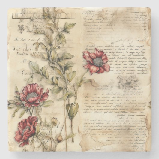 Liebe des Vintagen Pergaments mit Blume (1) Steinuntersetzer (Vorderseite)