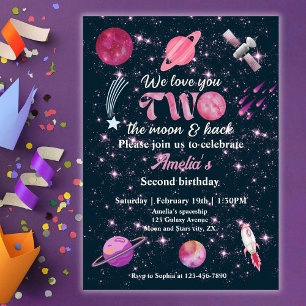 Liebe dich bis zum Mond Mädchen Rosa 2. Geburtstag Einladung