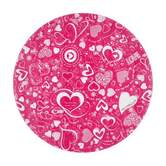 Liebe Doodles Pink-White Round Cutting Board Schneidebrett (Vorderseite)