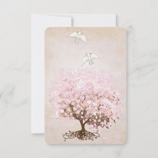 Liebe Doves Pink und Brown Heart Leaf Tree Hochzei RSVP Karte (Rückseite)