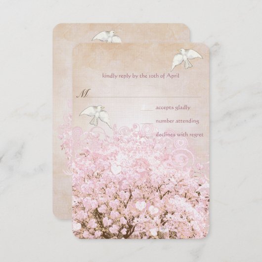 Liebe Doves Pink und Brown Heart Leaf Tree Hochzei RSVP Karte (Vorne/Hinten)