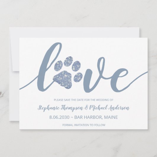 Liebe Dusty Blue Glitzer Paw Printhochzeit Save The Date (Vorderseite)