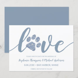 Liebe Dusty Blue Glitzer Paw Printhochzeit Save The Date