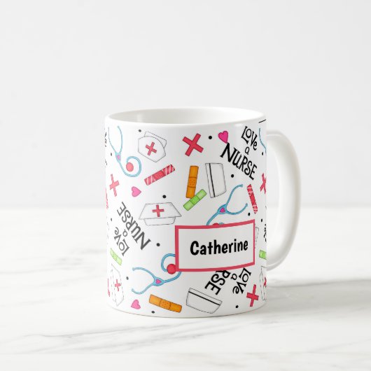 Liebe ein Krankenschwester-Kunst-buntes weißes Kaffeetasse (VorderseiteRechts)