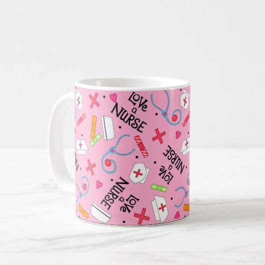 Liebe ein Krankenschwester-Kunst-Rosa mit Kaffeetasse (Vorderseite Links)