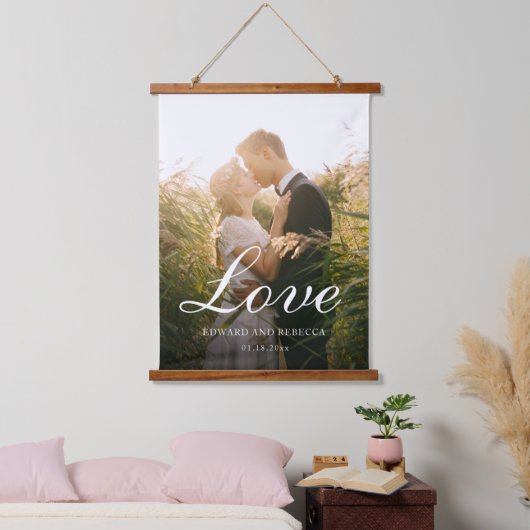 Liebe Einfaches Foto Elegante Hochzeit Wandteppich Mit Holzrahmen (Schlafzimmer)