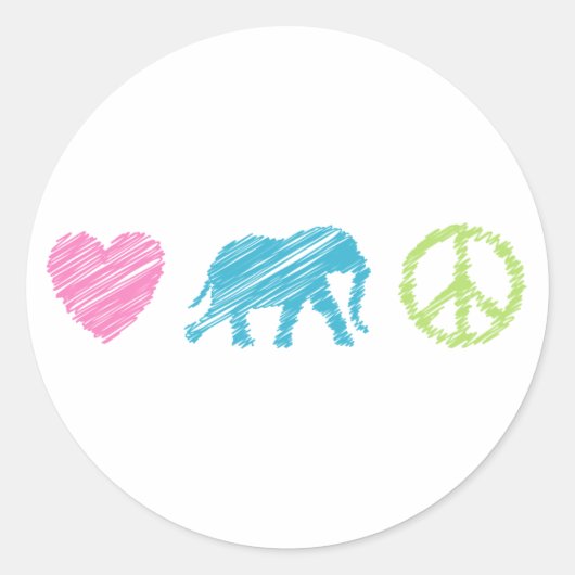 Liebe, Elefant und Frieden Runder Aufkleber (Vorderseite)