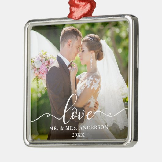 Liebe Elegant Script Wedding Foto Mr. and Mrs. Ornament Aus Metall (Links)