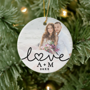Liebe Elegantes Skript Herz Zwei Foto Keramik Ornament