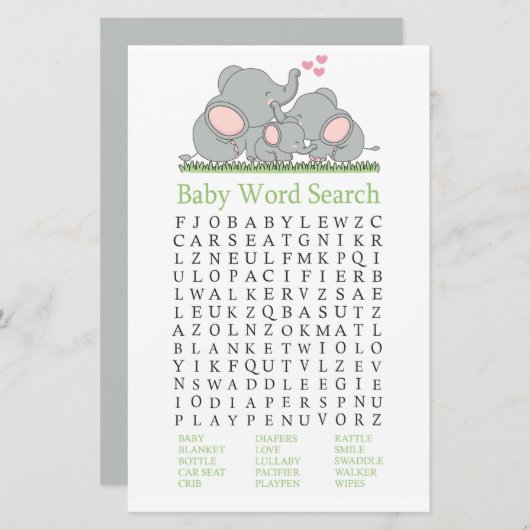 Liebe Elephants Baby Dusche Word Search Game (Vorne/Hinten)