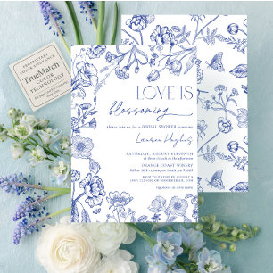Liebe erblüht Blaue Vintage-Blumen-Dusche Einladung