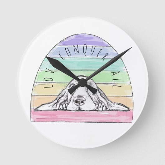Liebe erobert den ganzen Hund Regenbogenbasenhalm Runde Wanduhr (Vorderseite)