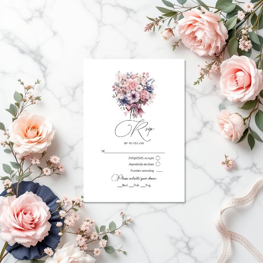 Liebe Extravagant Pink Bow und Pastel Bouquet Wedd RSVP Karte