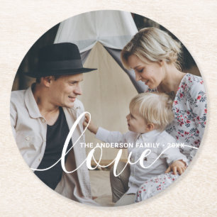 'Liebe'-Familienfoto mit individuellem Namen Runder Pappuntersetzer