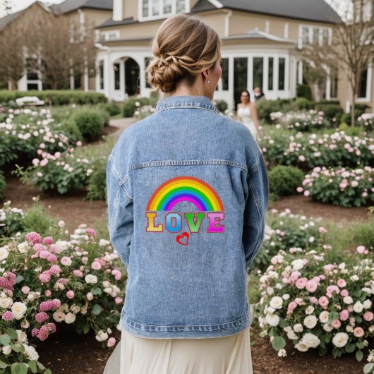 Liebe Farbenfroher Regenbogen Rotes Herz Jeansjacke (Hochzeit Rückseite)