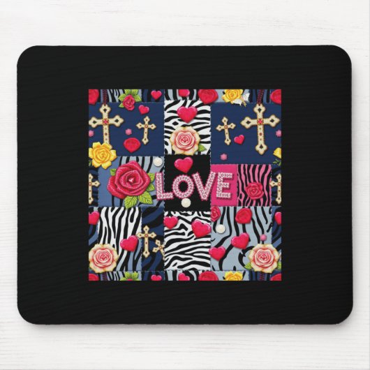 Liebe floral Denim Collage Patchwork Designaufkleb Mousepad (Vorne)