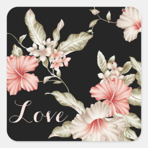 Liebe Florale Rosa und schwarze Blume Japanisch Quadratischer Aufkleber