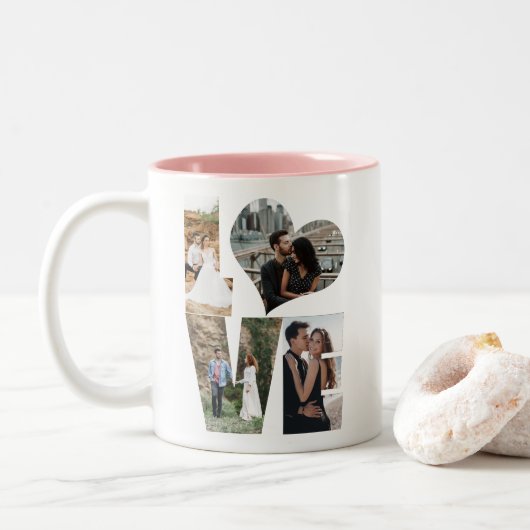 Liebe Foto Collage Herz Collage Valentinstag Zweifarbige Tasse (Mit Donut)