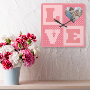 Liebe Foto Pink Hearts Muster Valentines Quadratische Wanduhr