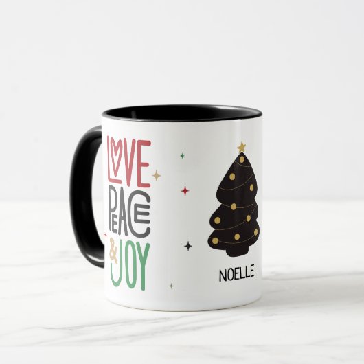 Liebe, Frieden, Freude und Weihnachtsbaum Tasse (Vorderseite Links)