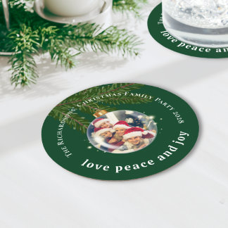 Liebe Frieden Freude Weihnachtsfeier Foto Waldgrün Runder Pappuntersetzer