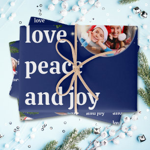 Liebe Frieden Freude Weihnachtsfoto Immergrün Navy Geschenkpapier Set