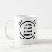 Liebe, Frieden, Geist, Spaß, Freude - Wahl der Kaffeetasse (Links)