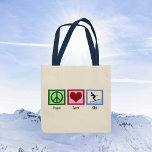 Liebe Frieden Skifahren Niedlich Skifahren Tragetasche<br><div class="desc">Ein niedliches Skitotengeschenk für einen begeisterten Skifahrer,  der im Winter Lieben hat,  die Pisten zu erkunden. Ein Friedensschild,  ein Herz und eine Skierin,  die auf einem schneebedeckten Berg in hübschem Blau reiten. Ein cooles Weihnachtsgeschenk.</div>