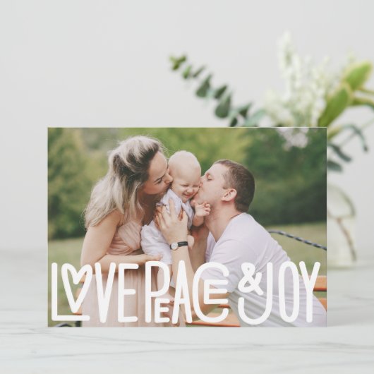 Liebe Frieden und Freude Weihnachten Foto Dankeskarte (Stehend Vorderseite)