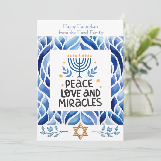 Liebe, Frieden und Wunder Hanukkah Cards Einladung (Stehend Vorderseite)