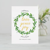 Liebe Friedensfreude. Weihnachtsgold Folien Feiertagskarte (Stehend vorne)