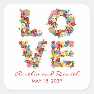 LIEBE Frühlingsblumen Garten Chic Hochzeitsticker Quadratischer Aufkleber
