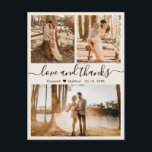 Liebe für Hochzeitfotografie und vielen Dank an Po Postkarte<br><div class="desc">Moderne, elegante handgeschriebene Elfenbeinfotografie-Collage danke Ihnen Postard. Minimalistische Hochzeit Dankeschön Karte Vorlage mit drei (3) Foto auf der Vorderseite und ein Foto auf der Rückseite. Mit dem Text "Liebe und Dank" in einer kursiven Hand gezeichnet Typografie Skript-Schriftart mit Swashes in schwarzer Farbe auf Elfenbein oder creme weißen Hintergrund. Kleine Herzform...</div>